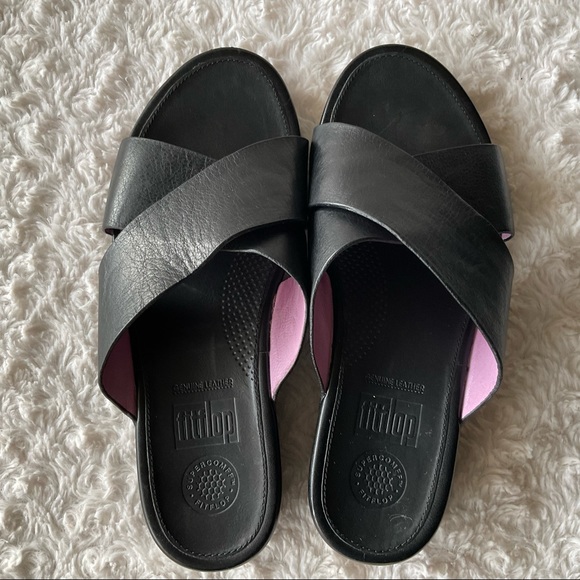 Fitflop Black Leather Crisscross Strap Wedge Slide Sandals Size 8 - Picture 1 of 15